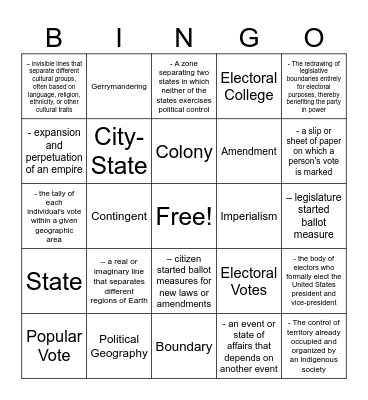 Political Geography: Vocab Bingo Card