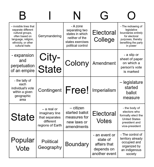 Political Geography: Vocab Bingo Card