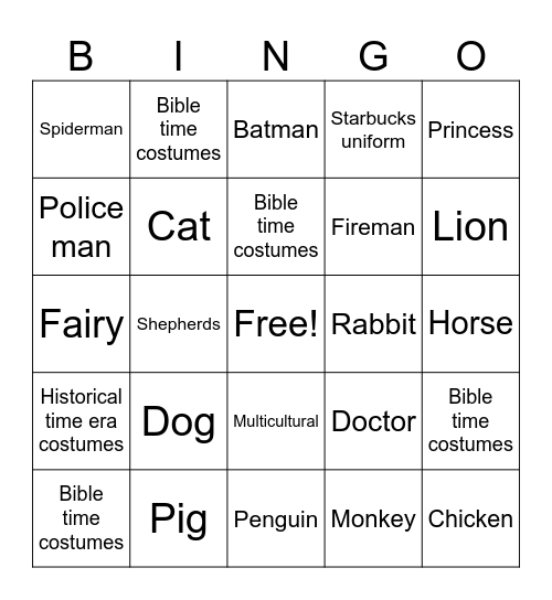 Costume Bingo Card