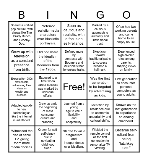 Gen X Part 1 Bingo Card
