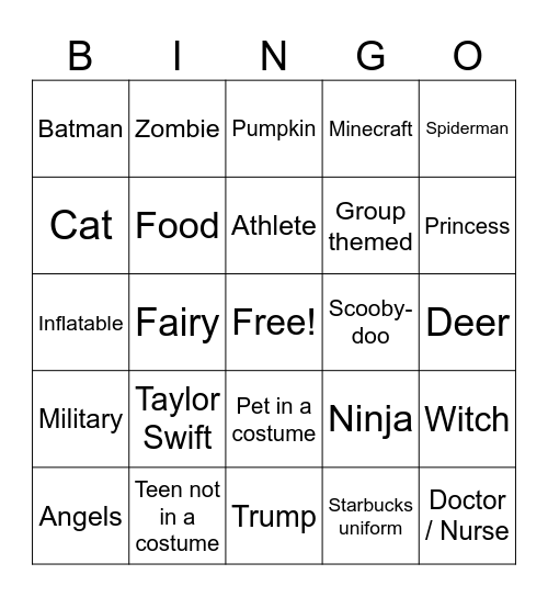 Costume Bingo Card