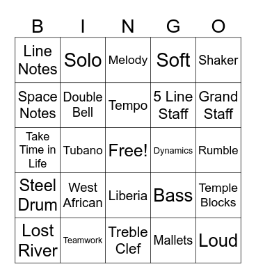 6th Grade Music Class Bingo Card