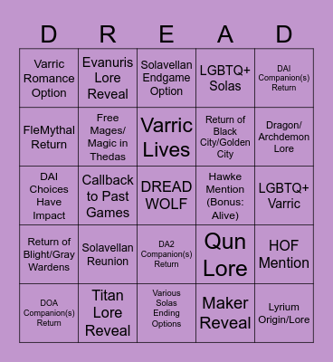 Dragon Age: The Veilguard Predictions Bingo Card