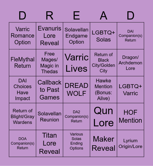 Dragon Age: The Veilguard Predictions Bingo Card