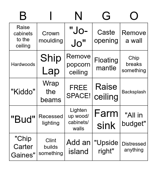 Fixer Upper Bingo Card