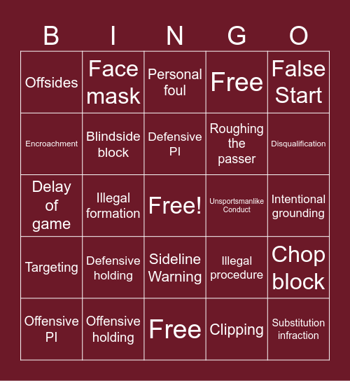 Penalty Bingo Card