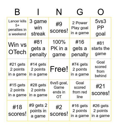 Lancer on the Go! Bingo Card