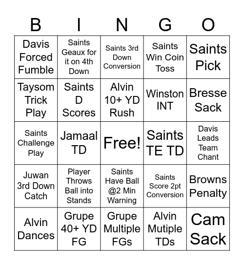 Saints V Browns 24 Bingo Card