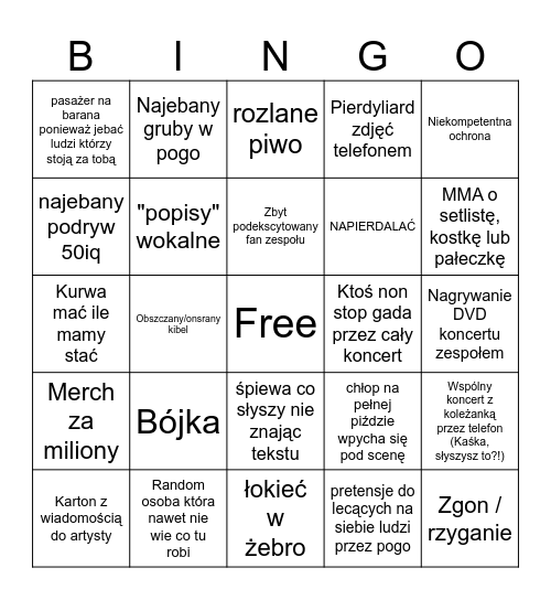 Koncertowe polskie Bingo Card