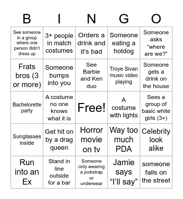 Gay Halloween Night Out Bingo Card