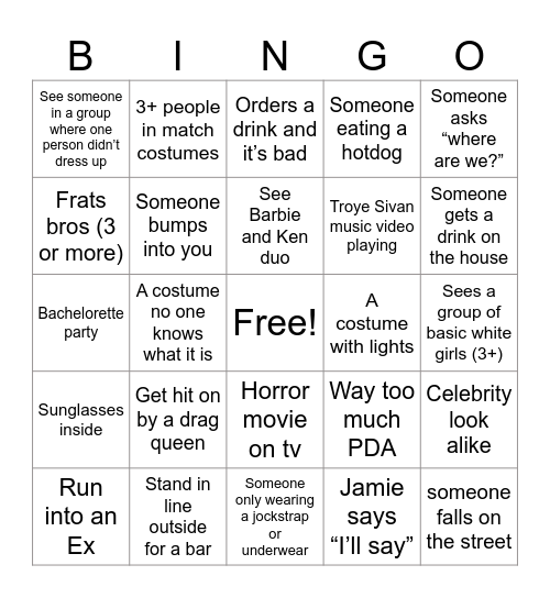 Gay Halloween Night Out Bingo Card