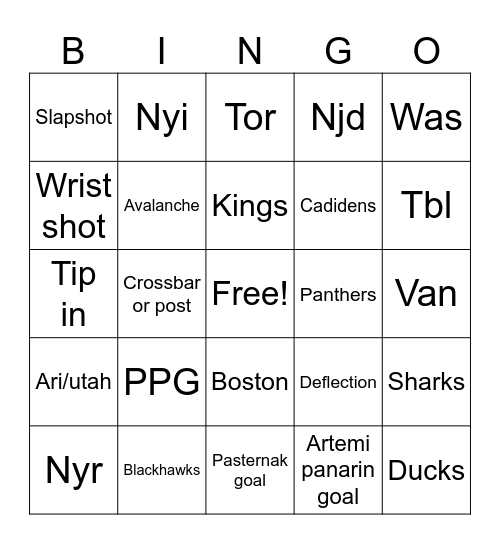 NHL Goals Bingo Card