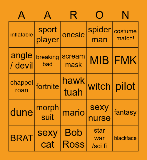Halloween constume Bingo Card