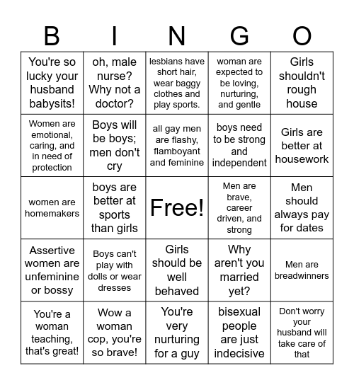 Gender Role Bingo Card