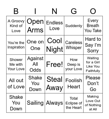 80s Slow Jams Bingo Card