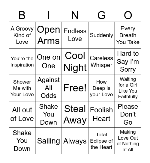 80s Slow Jams Bingo Card