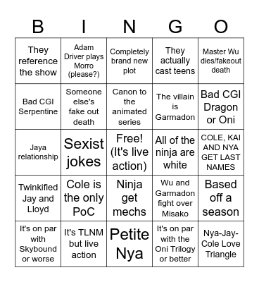 Live Action Ninjago Bingo Card