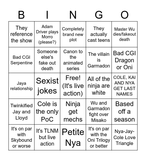 Live Action Ninjago Bingo Card