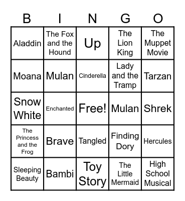 Disney Love Songs Bingo Card