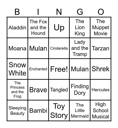 Disney Love Songs Bingo Card