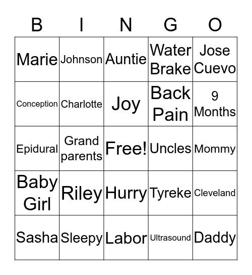 Sasha's Baby Bingo Card