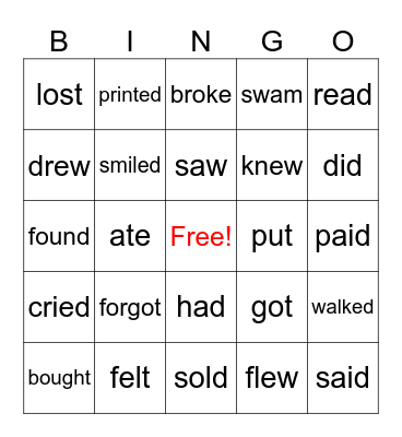 Past Tense Verbs Bingo Card