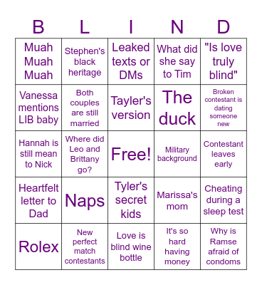Love is Blind Reunion Bingo Card