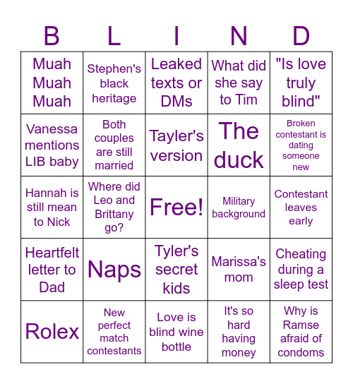 Love is Blind Reunion Bingo Card