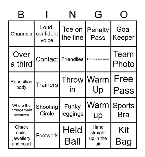 Netball Bingo Card