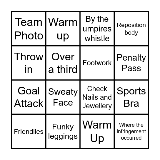 Netball Bingo Card