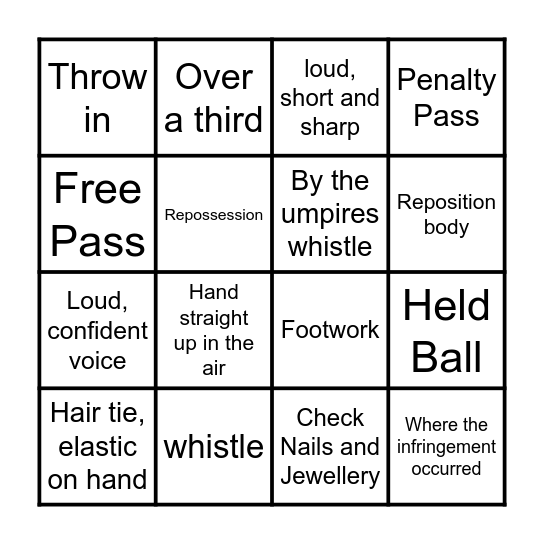 Netball Bingo Card