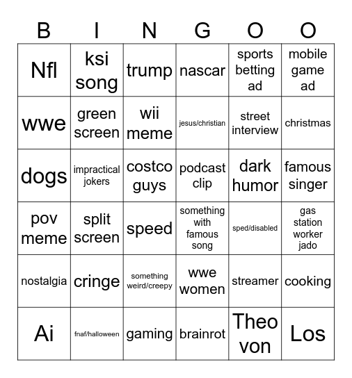 tik tok Bingo Card