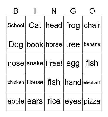 English Bingo Card