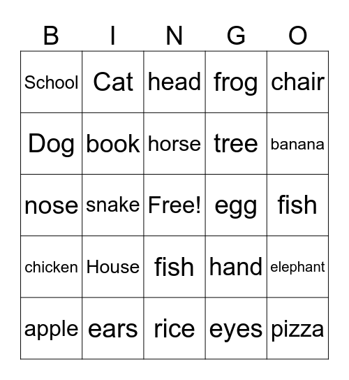 English Bingo Card