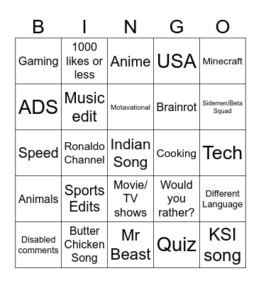 Youtube Shorts Bingo Card