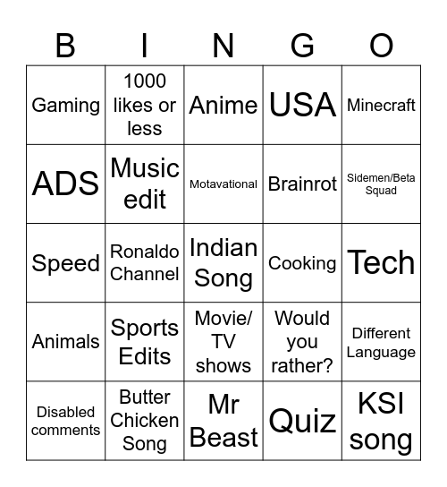 Youtube Shorts Bingo Card