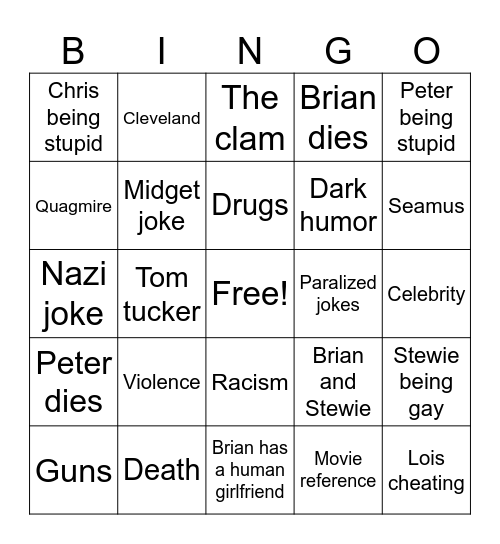 Family guy Bingo Card