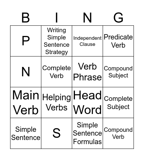 Simple Sentence Review Bingo Card