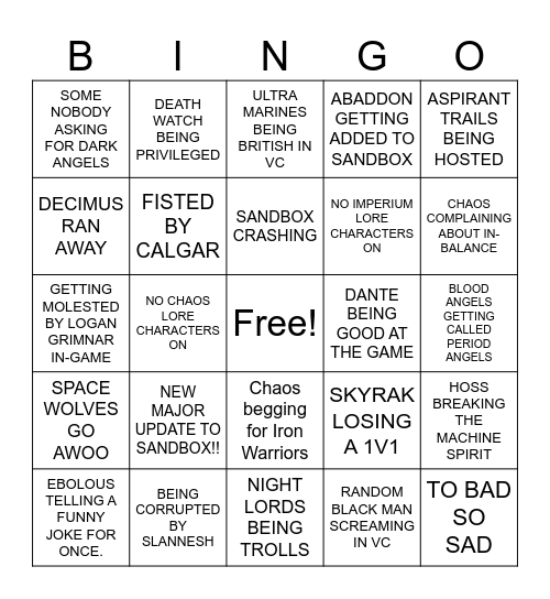 Astartes Bingo Card