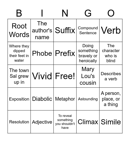 ELA/Walk Two Moons Bingo Card