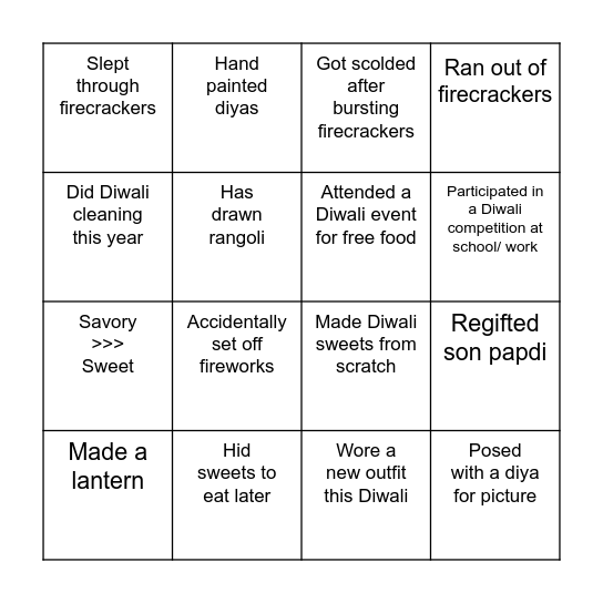 Diwali Bingo Card