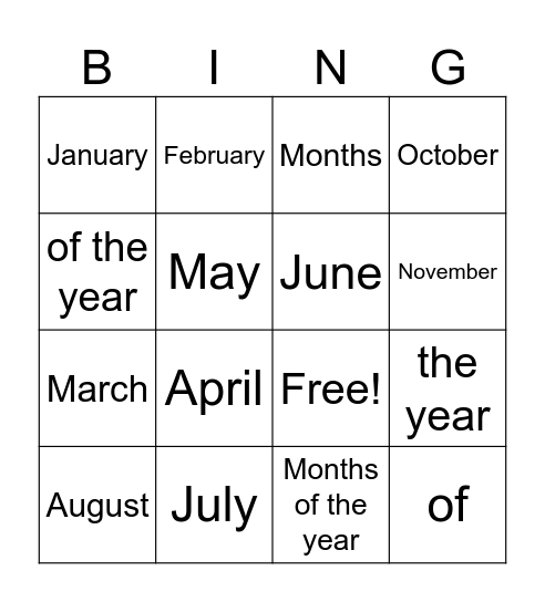 Months of the year Bingo Card