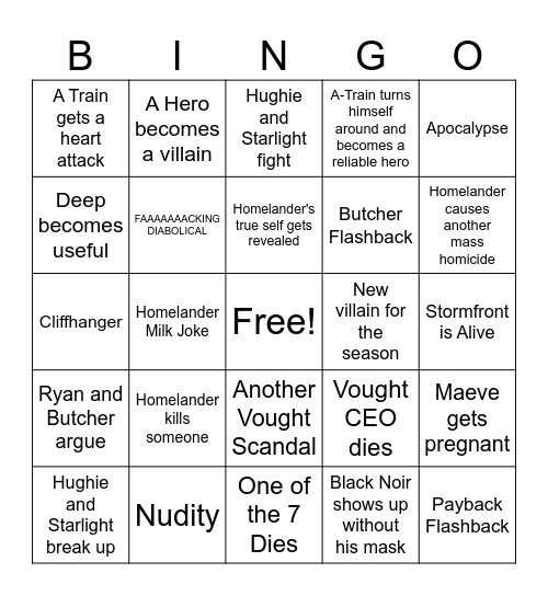 The Boys Season 3 Bingo Card