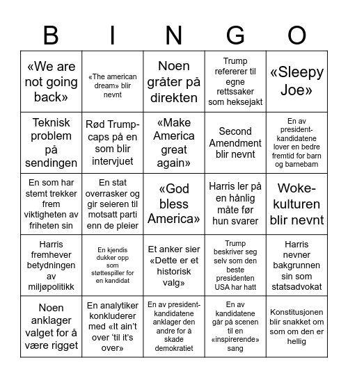 Presidentvalget i USA 2024 Bingo Card