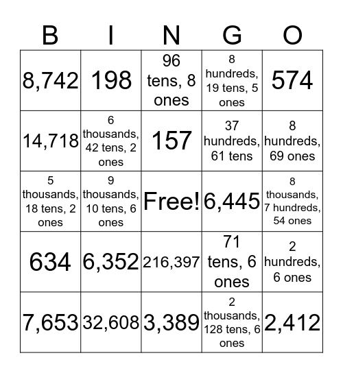 Renaming Numbers Bingo Card