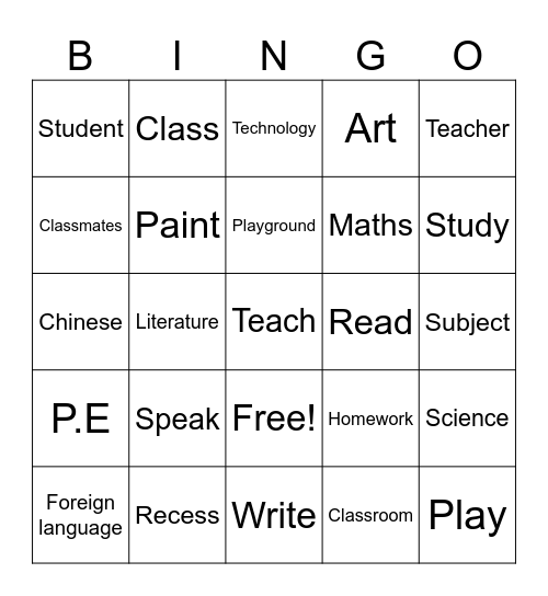 School Bingo Card