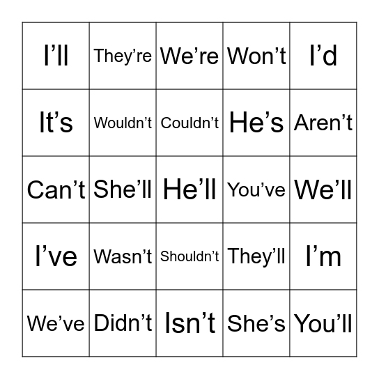 Contractions Bingo Card