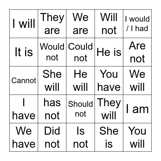 Contractions 2 Bingo Card