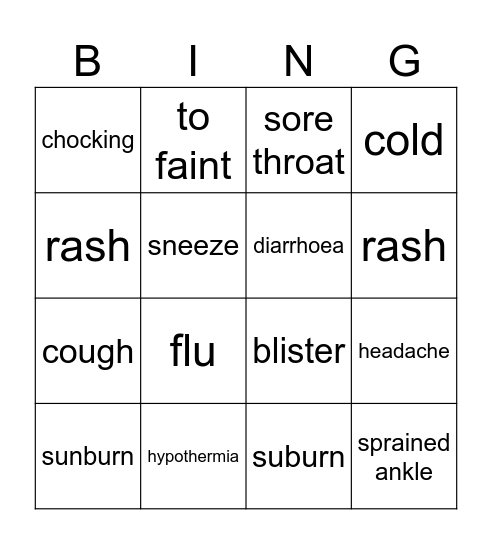 Illnesses and Conditions Bingo Card