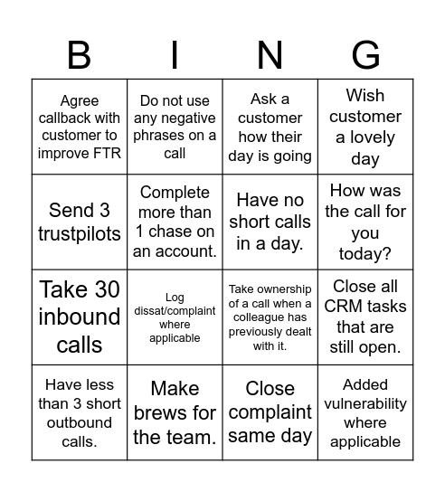 Customer Service Week Bingo Card